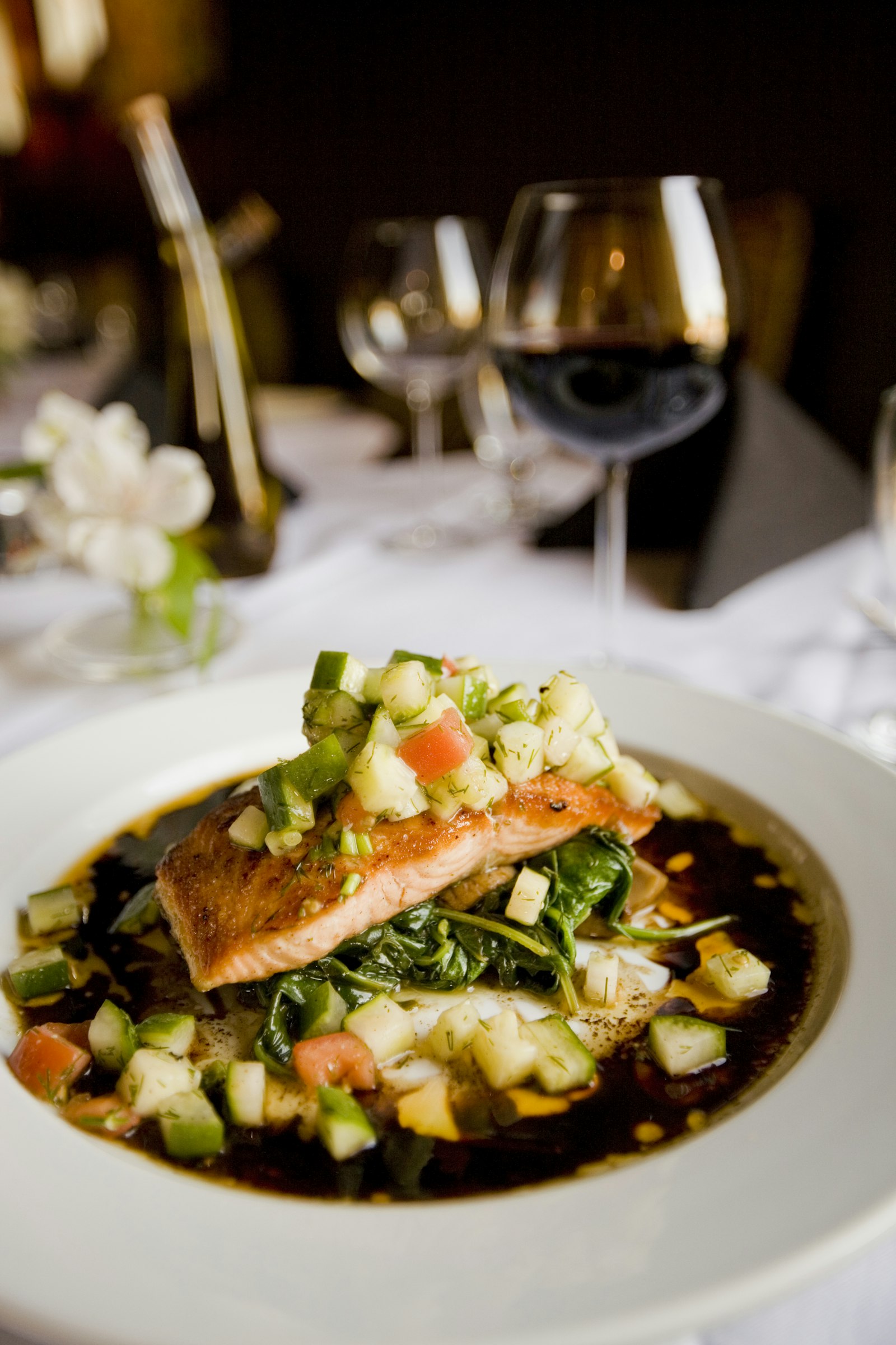 Garlic butter salmon fillet with roasted vegetables